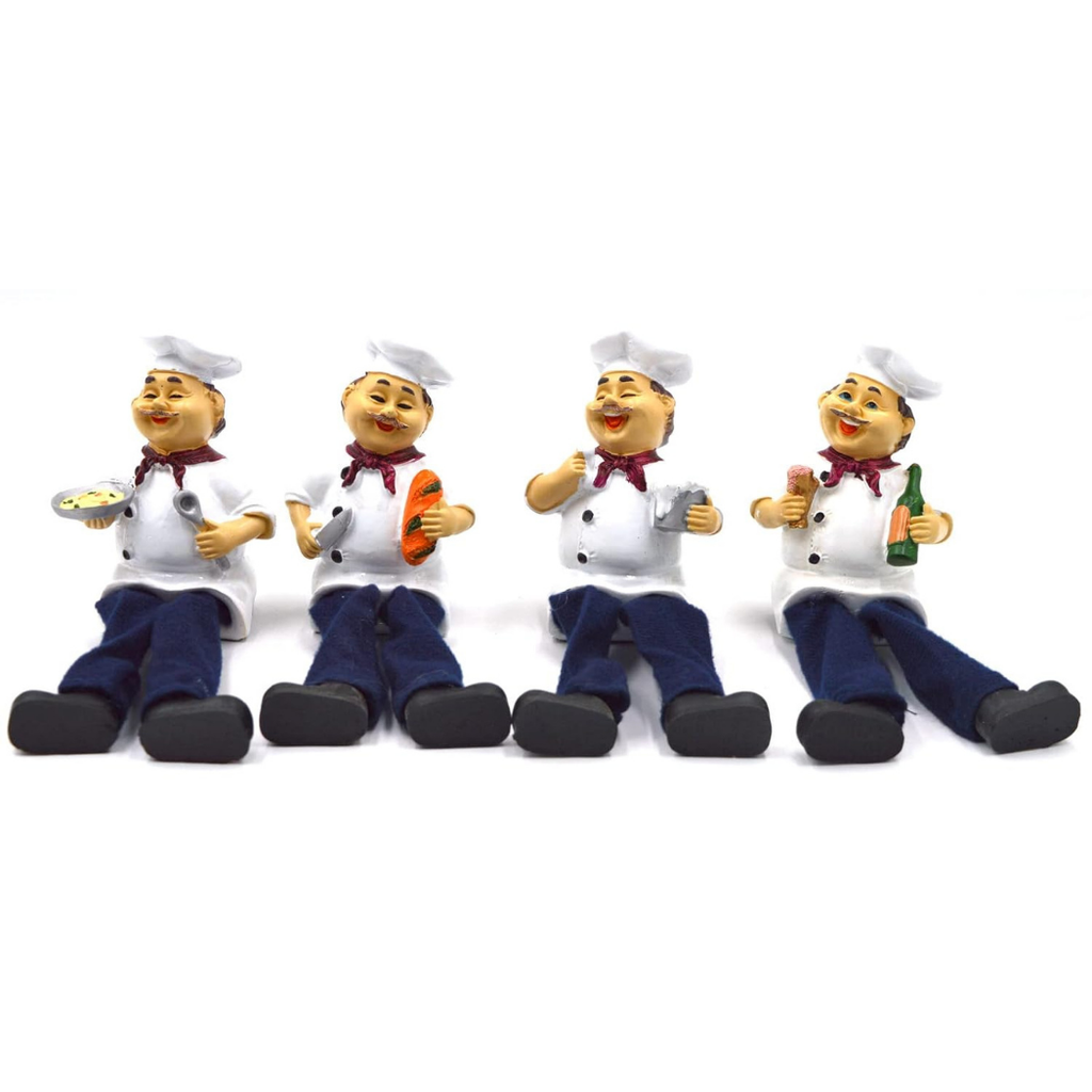 Pack of 4 French Fat Chef Dangly Legs Resin Figurines | Hand-Painted Kitchen Shelf Sitter Decor Set