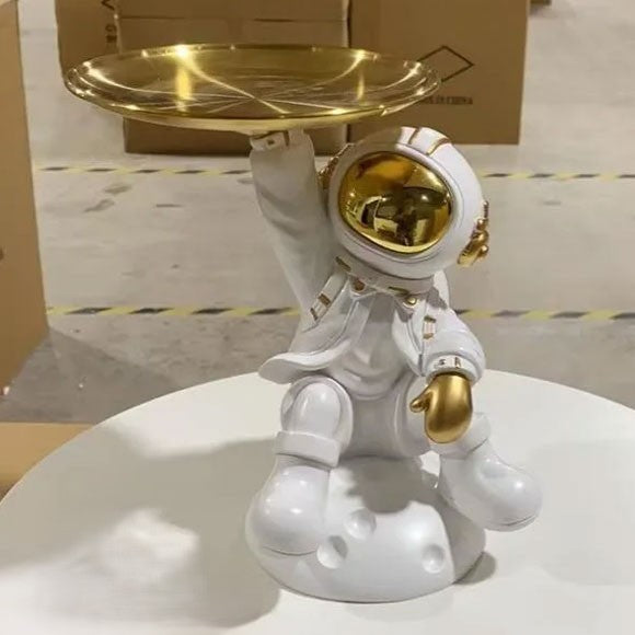 Luxury Astronaut Serving Tray Holder with Golden Tray | Resin Spaceman Home & Office Decor