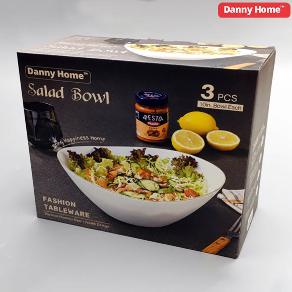 Ceramic Gold Line Salad Bowl Set (3 Pcs) 10" | Elegant Serving Bowls