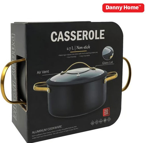 Non-Stick Casserole Cooking Pot with Glass Lid | Matte Black & Gold