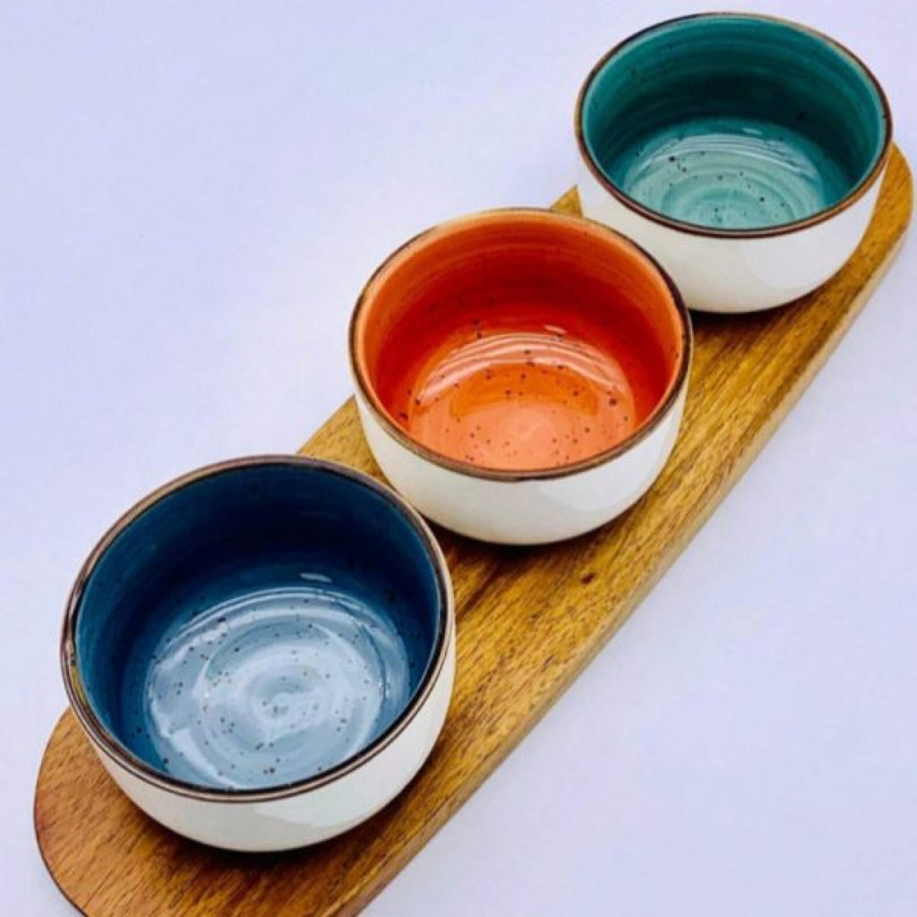 Acacia Wood Serving Board with Sauce Bowls - Wooden Platter