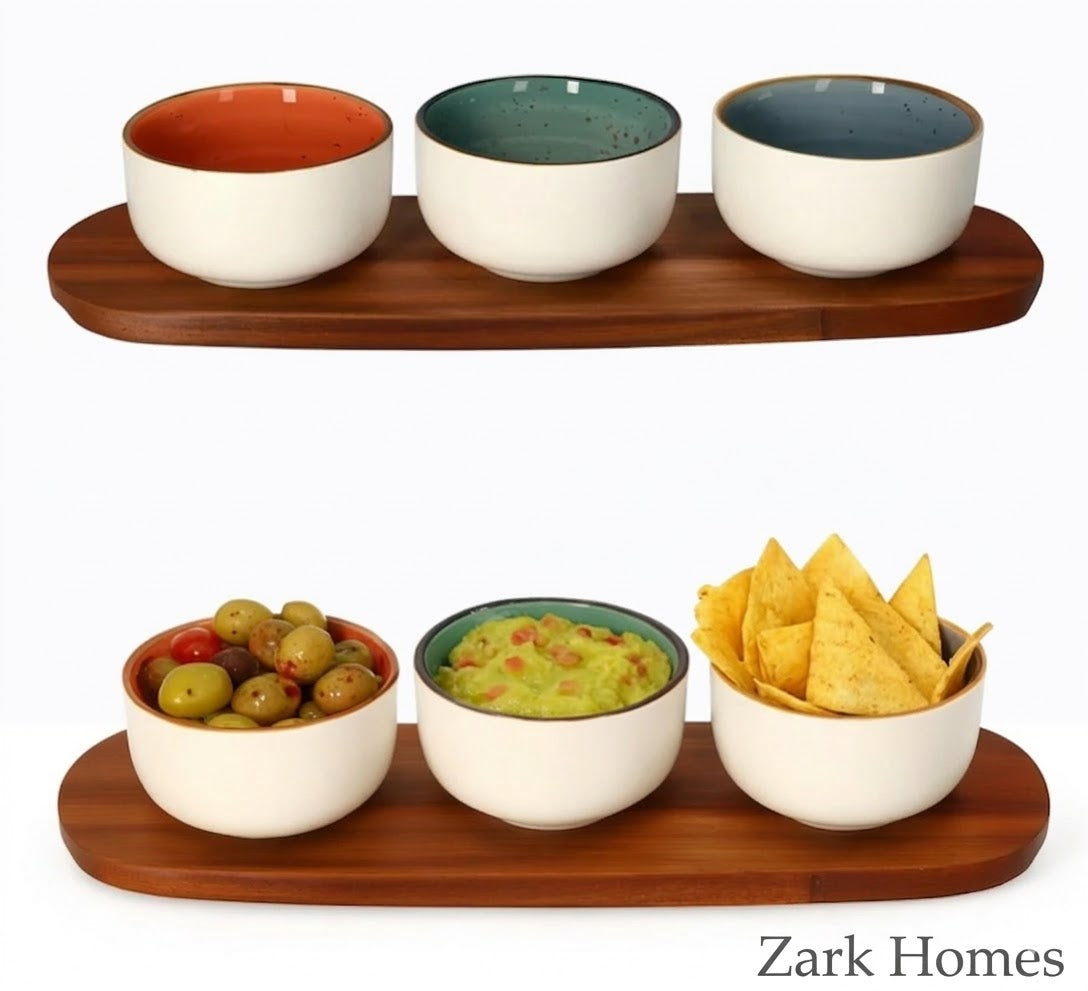 Acacia Wood Serving Board with Sauce Bowls - Wooden Platter