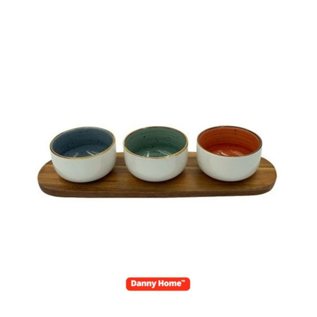 Acacia Wood Serving Board with Sauce Bowls - Wooden Platter