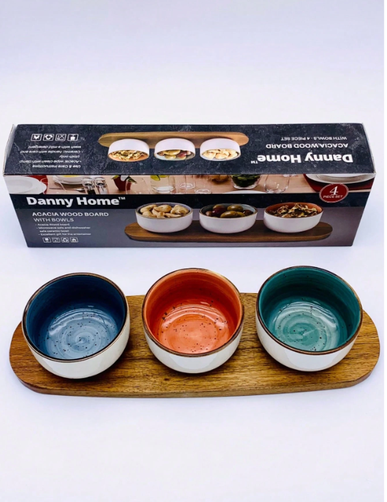 Acacia Wood Serving Board with Sauce Bowls - Wooden Platter
