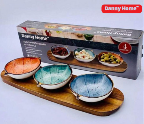 Acacia Wood Serving Board with Sauce Bowls - Premium Wooden Platter