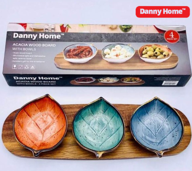 Acacia Wood Serving Board with Sauce Bowls - Premium Wooden Platter