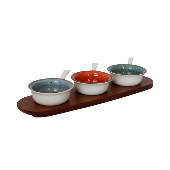 Acacia Wood Serving Board with Sauce Bowls - Wooden Platter